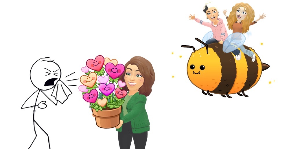 On the left, there’s a stick figure who looks like they’re sneezing hard—eyes shut, mouth open, and holding a tissue. That suggests allergies or reacting to something in the air. In the center, a woman is smiling and holding a pot of flowers—but these aren’t normal flowers. The blooms are heart-shaped with cute faces, giving off a very “love” or “Valentine’s” feel. On the right, things get more whimsical: two animated-looking girls are riding on the back of a big, friendly cartoon bee, like it’s a fun ride. They both have their arms up, as if they’re enjoying it like a rollercoaster. Putting it all together, the scene feels like a mashup of springtime themes: Flowers blooming (with a love twist) Bees buzzing around And unfortunately… seasonal allergies (the sneezing stick figure) So the overall idea seems to be: spring is fun, colorful, and full of life—but also comes with sneezing and pollen for some people.