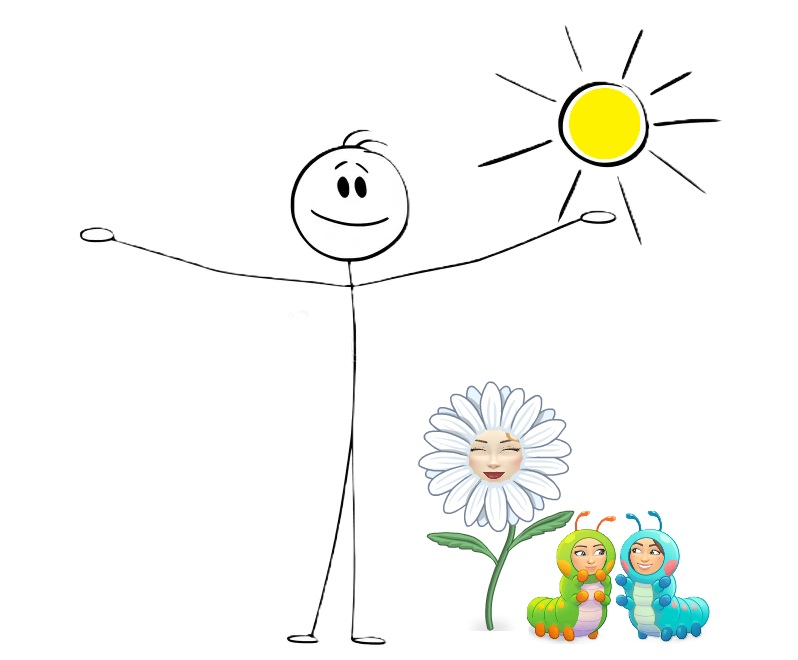 At the center is a stick figure person with a big smile, standing upright with both arms stretched wide—like they’re welcoming something or celebrating. To the upper right, there’s a bright yellow sun with rays coming off it, suggesting a warm, sunny day. Near the bottom right, there’s a white flower with a human face in the center, eyes closed and smiling, giving it a peaceful, happy expression. Next to the flower are two colorful caterpillars—one green and one blue—both with friendly faces, as if they’re characters. Overall, the image gives off a strong “springtime” or “happiness in nature” vibe—sunshine, blooming flowers, and little creatures, with the stick figure enjoying it all.
